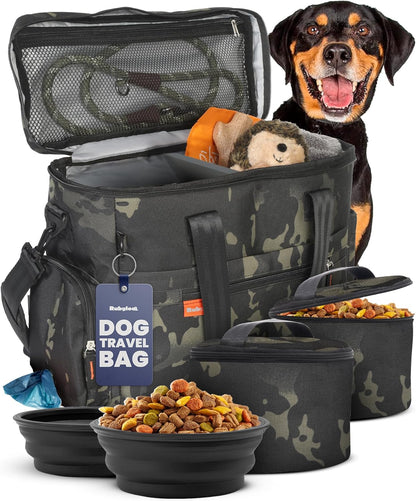 The Original Doggy Bag™- Dog Travel Bag for Supplies - Ultimate Gift for Dog Moms & Dads, Doggy Lovers & Pet Owners for Christmas- Includes 2 BPA-Free Travel Bowls and 2 Food Containers: Camo