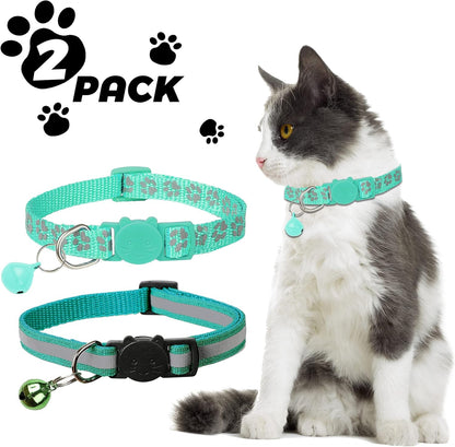 BANMODER 2 Pack Reflective Cat Collar Breakaway with Bell,Personalized Kitten Collars,Adjustable Safety Buckle Collar for Male Cats Girls & Boys (Dark Green)