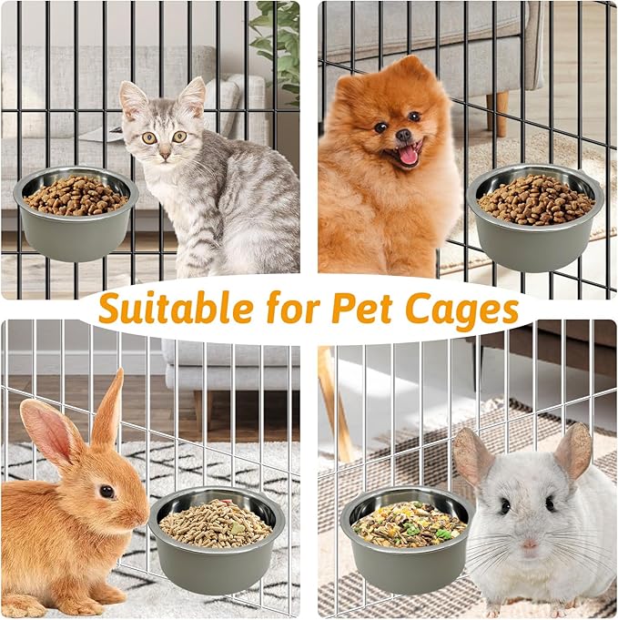 Hamiledyi Crate Dog Bowl Cat 2 Pcs Removable Stainless Steel Hanging No Spill Pet Bowl for Kennels Durable Detachable Design Fits Small Medium Dog Cages (Grey