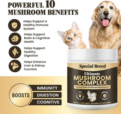 Mushroom Powder for Dogs & Cats - Organic Mushroom Complex for Immunity Support, Immune Function, Cognition, Vitality - Ten Mushroom Supplement with Turkey Tail, Lion's Mane, Reishi - 720 Scoops