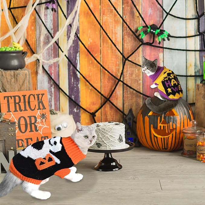 2Pcs Halloween Dog Sweaters Kitten Cat Knitwear Puppy Pumpkin Ghost Costume - Pet Sweater Clothes Outfit for Kittens Cats Puppies Small Medium Dogs L