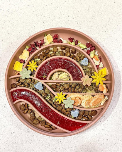 OHMO Slow Feeder Dog Bowls (Sunrise, Coral) Enrichment Toy Soft Silicone Food Safe Feeding Bowl Non Slip Suction Cup for All Breed Pet, Cat Slow Down Eating Dishes, Boredom and Anxiety Reducer