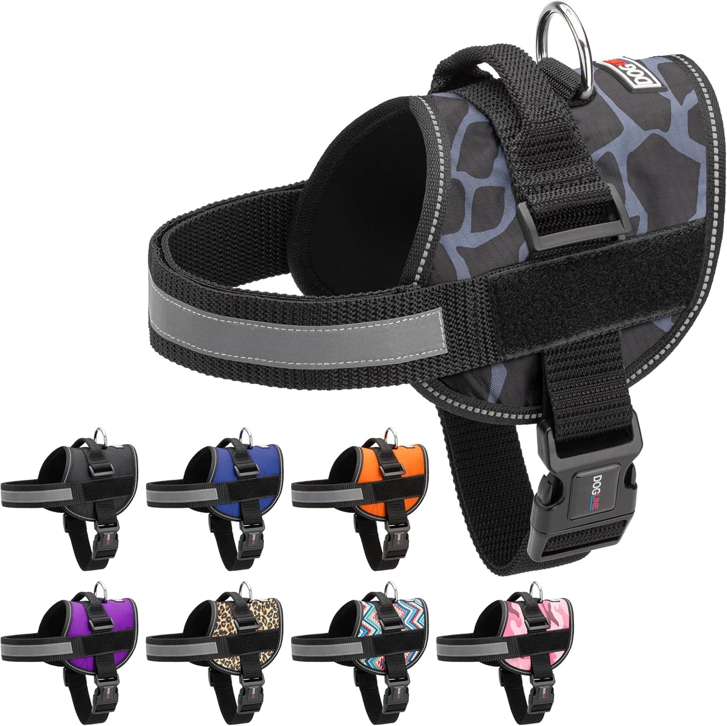 Dogline Dog Harness, Reflective No-Pull Adjustable Vest with Handle for Walking, Training, Breathable, No - Choke Harness for Small, Medium or Large Dogs Room for Patches Girraffe Grey XL 33"-46"
