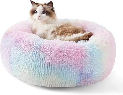Bedsure Calming Cat Beds for Indoor Cats - Small Washable Round Cat Bed, Anti-Slip Fluffy Plush Faux Fur Pet Bed, Fits up to 15 lbs Pets, Multi-Colored, 20 inches