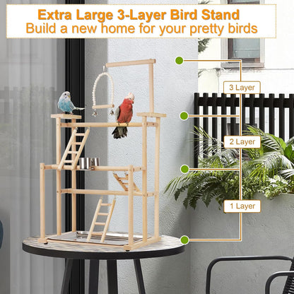 Pet Parrot Playstand Parrots Bird Playground Bird Play Stand Wood Perch Gym Playpen Ladder with Feeder Cups Bells for Cockatiel Parakeet (3 Layers)