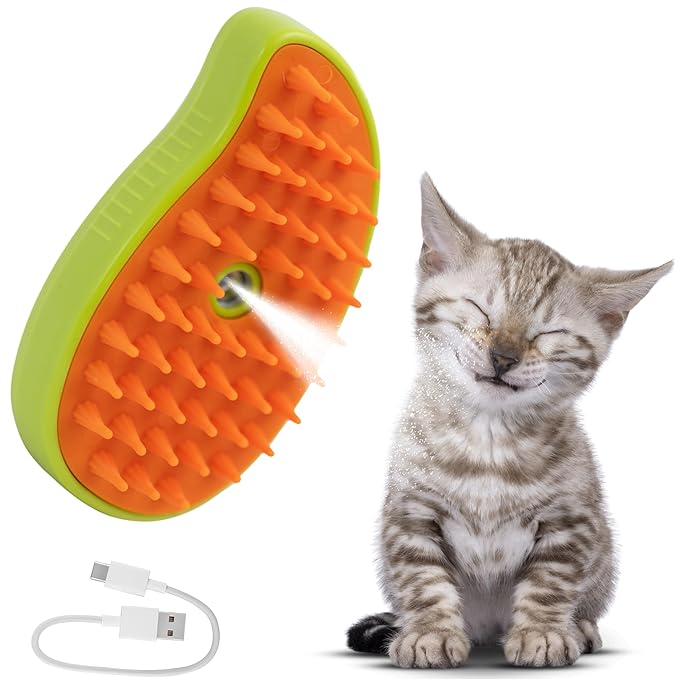 Cat Steam Brush for Shedding, Steamy Grooming Comb with Anti-Static Spray for Cats & Dogs, Gentle Defur Comb for Tangled & Loose Hair, Ergonomic Pet Mist Brush Design, Cepillo de Vapor para Gato Perro