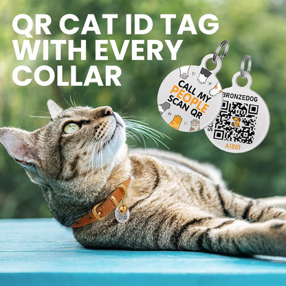 BRONZEDOG Leather Cat Collar with Removable Bells Non Breakaway Kitten QR Tag for Girl Boy (9" - 12" Cats/Mini Dogs, Black & Gold)