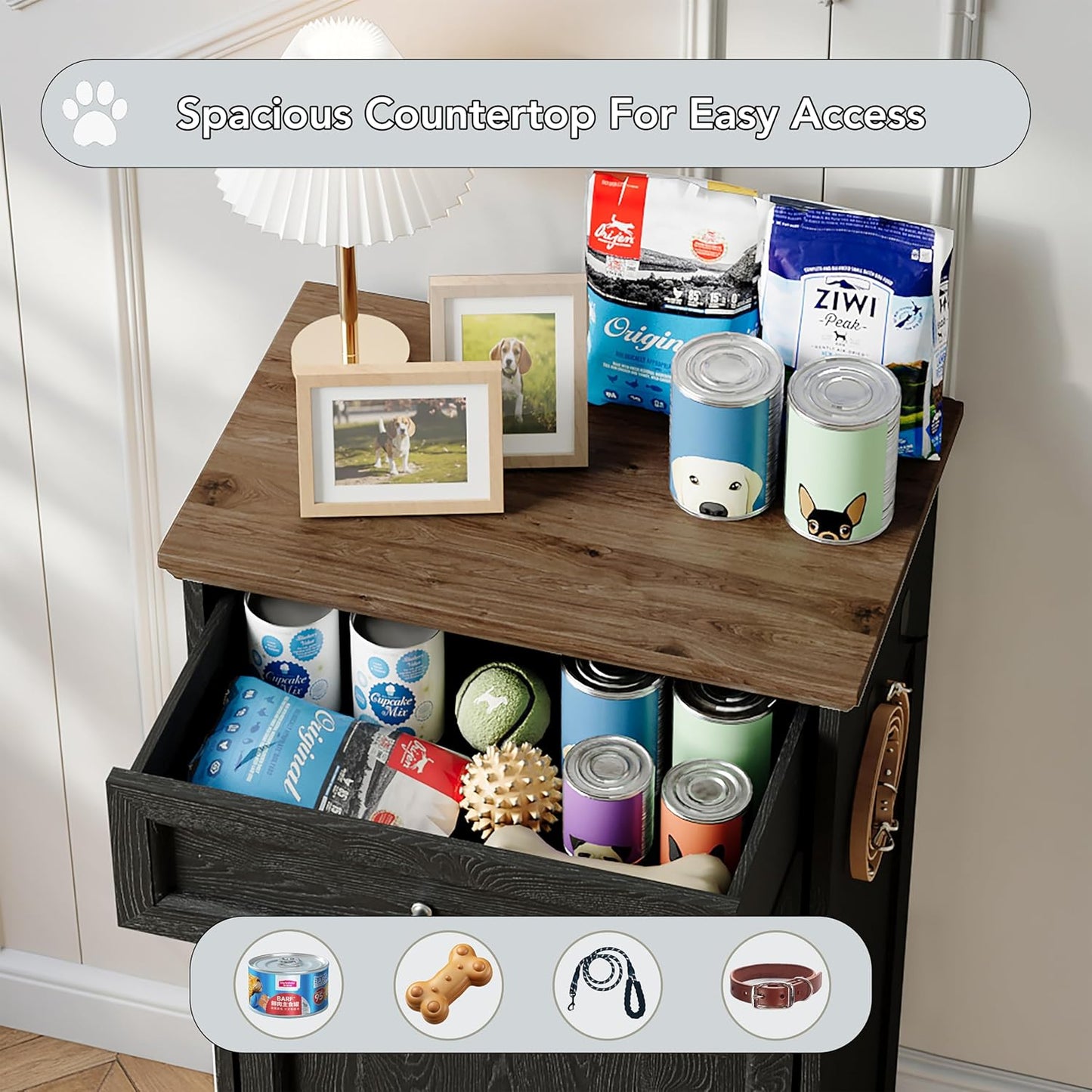 FIMELLO Dog Feeding Station, Tilt-Out Dog Food Storage Cabinet with Drawer,Pet Feeder Cabinet,Black Grain