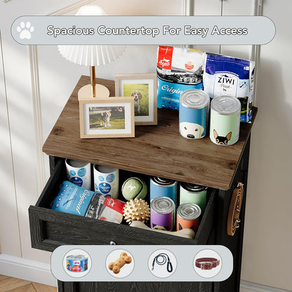 FIMELLO Dog Feeding Station, Tilt-Out Dog Food Storage Cabinet with Drawer,Pet Feeder Cabinet,Black Grain