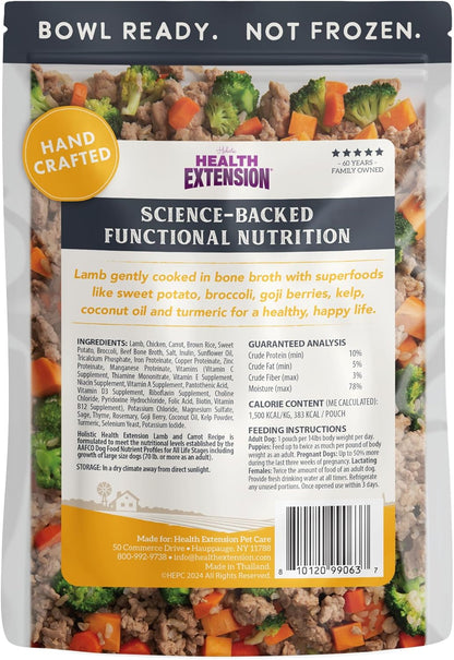 Health Extension Gently Cooked Lamb & Carrot Dog Food, Human-Grade & Shelf-Stable with Superfoods, Supports Digestion, Immunity, Skin & Coat, 9 oz Pouch (Pack of 10)
