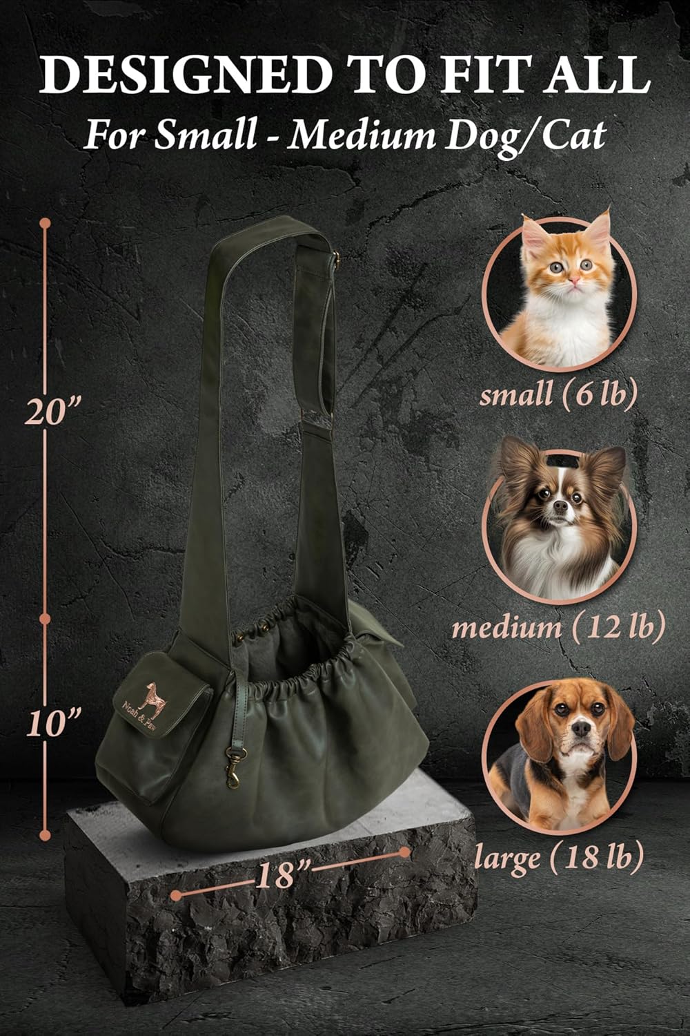 Noah & Paw Dog Sling Carrier for Small Dogs 5-18lb, Dog Sling for Small Dogs and Cats, Dog Carrier with Adjustable Padded Strap, Vegan Leather Lined with Fur, Double Safety Feature, Machine Washable