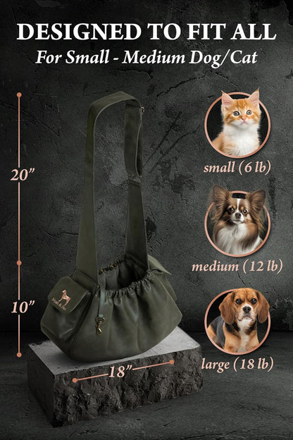 Noah & Paw Dog Sling Carrier for Small Dogs 5-18lb, Dog Sling for Small Dogs and Cats, Dog Carrier with Adjustable Padded Strap, Vegan Leather Lined with Fur, Double Safety Feature, Machine Washable