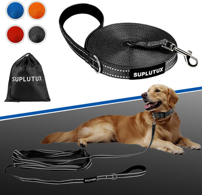 Reflective Dog Leash–10FT/16FT/30FT/50FT/100FT Durable Nylon Training Leash with Heavy-Duty Metal Clasp, High Visibility for Night Walking, Perfect for Small, Large Dogs (Black, 50FT)