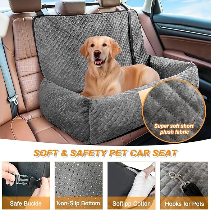 Sephyroth Velvet Dog Car Seat - Medium/Large Dogs - Back Seat Compatible, 60 lbs Max, Safety Belt