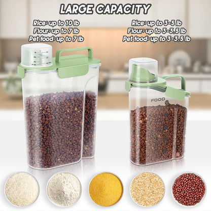 3+5LBS 2Pack Cat Dog Food Storage Container Upgraded Large Nozzle BPA-free, Plastic Pet Food Containers, With 4 Sealed Clasps/1 Measuring Cup/Handle Easy Clean and Carry (Green)
