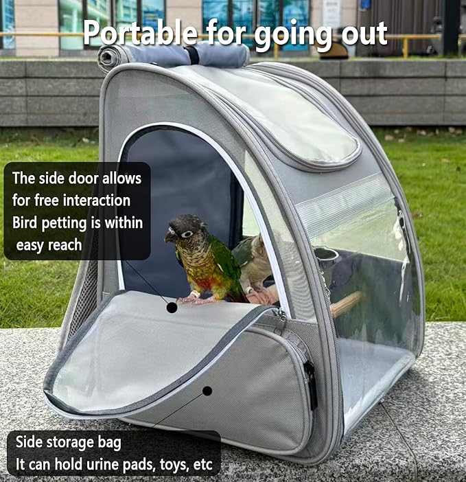 Bird Carrier,Travel Bird Cage,Bird Backpack for Small Birds Parakeet,Canary,Parrot, Finches,Cockatiel.Portable Outdoor Bird Bag with 2 Wooden Perch, Double-Clamp Cup, Detachable Poop Tray (Gray)