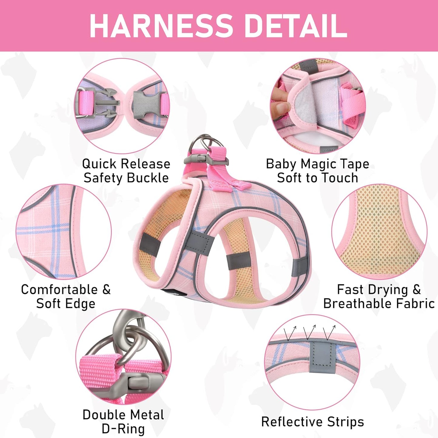 GAMUDA Small Dog Harness Collar and Leash Set, Step in No Chock No Pull Soft Mesh Adjustable Dog Vest Harnesses Plaid Reflective for Dogs Puppy Cats Kitten Rabbit (Pink, XL)