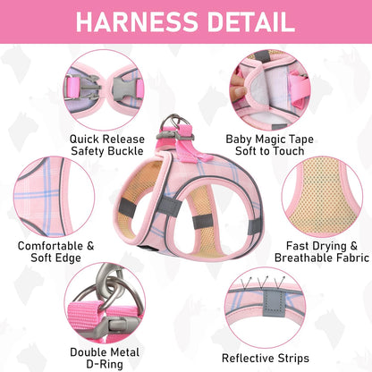 GAMUDA Small Dog Harness Collar and Leash Set, Step in No Chock No Pull Soft Mesh Adjustable Dog Vest Harnesses Plaid Reflective for Dogs Puppy Cats Kitten Rabbit (Pink, XL)