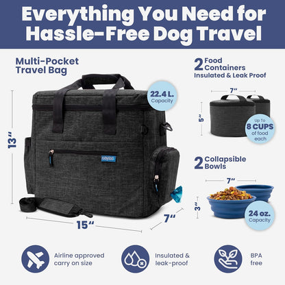 The Original Doggy Bag™- Dog Travel Bag for Supplies - Ultimate Gift for Dog Moms & Dads, Doggy Lovers & Pet Owners for Christmas- Includes 2 BPA-Free Travel Bowls and 2 Food Containers: Charcoal