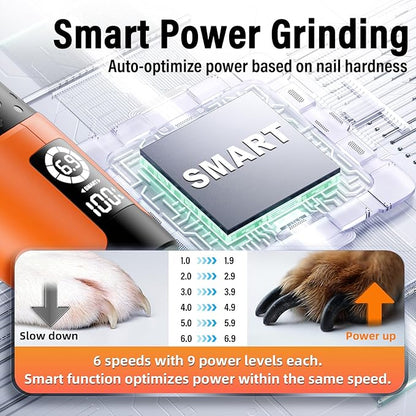 Casfuy Smart 6-Speed Dog Nail Grinder - 50% More Power Pet Nail Grinder with 2 LED Lights Quiet Rechargeable Electric Dog Nail Trimmers File Toenail Grinder for Large Medium Small Dogs & Cats(Orange)