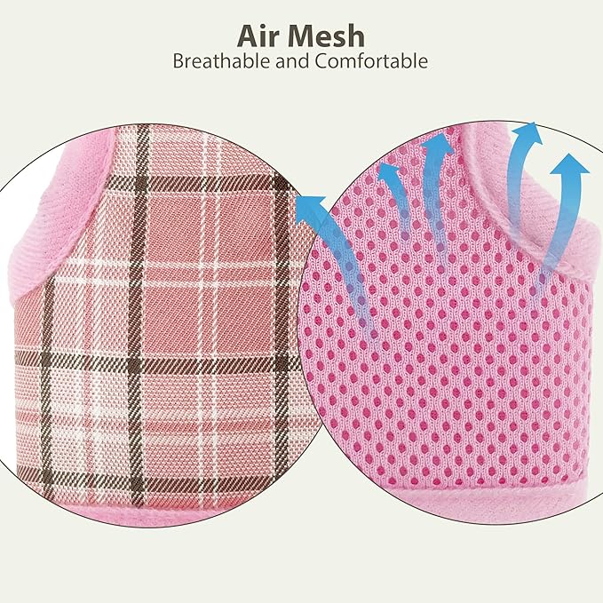AIITLE Adjustable Bunny Harness & Leash Set - Soft Mesh Liner, Comfort Fit Plaid Pattern Vest with Magic Tape Design, Portable for Small Animal Pets Puppy Cat Rat Squirrel Ferret, Pink L