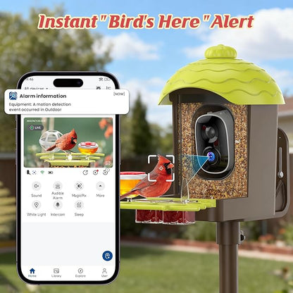 Smart Bird Feeder with Camera Outdoor: 2K Wild Bird Watching Video Cam - Unique Gifts for Nature Lover - Birds House Window at Garden IP66 Solar Charged & Squirrel-Proof Alarm