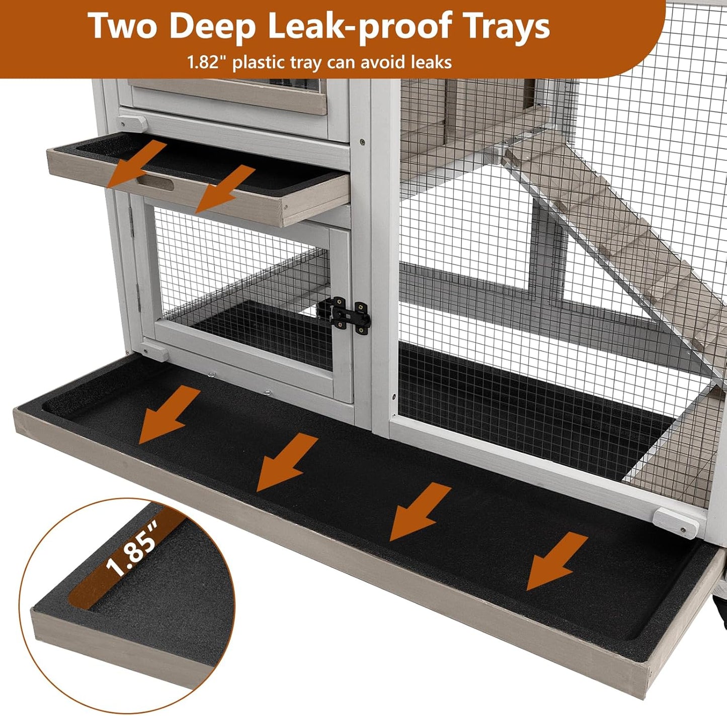 2 Story Rabbit Hutch Indoor with 2 Deeper Pull-Out Trays, Wooden Rabbit Cage with 4 Lockable Wheels, Ramp, Chew-Anti Metal Strip for Rabbit, Guinea Pig, Hamster(40.2" L X 23.2" W X 36.6" H)