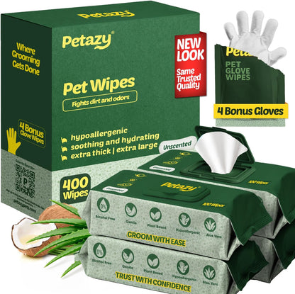 400 Dog Wipes for Paws and Butt Ears Eyes | XL 8x8 Organic Pet Wipes for Dogs | Unscented Dog Wipes Cleaning Deodorizing | Extra Thick Paw Wipes for Dogs Cats Pets | Bonus Glove Wipes Included