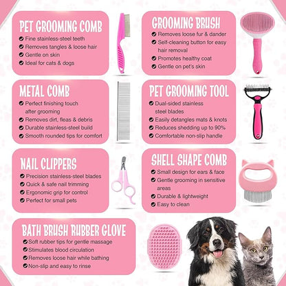 7-in-1 Pet Grooming Kit for Dogs & Cats Deshedding Brush, Bath Brush, Flea Comb, Nail Clipper & Massage Glove Complete Grooming Set for Small & Large Pets