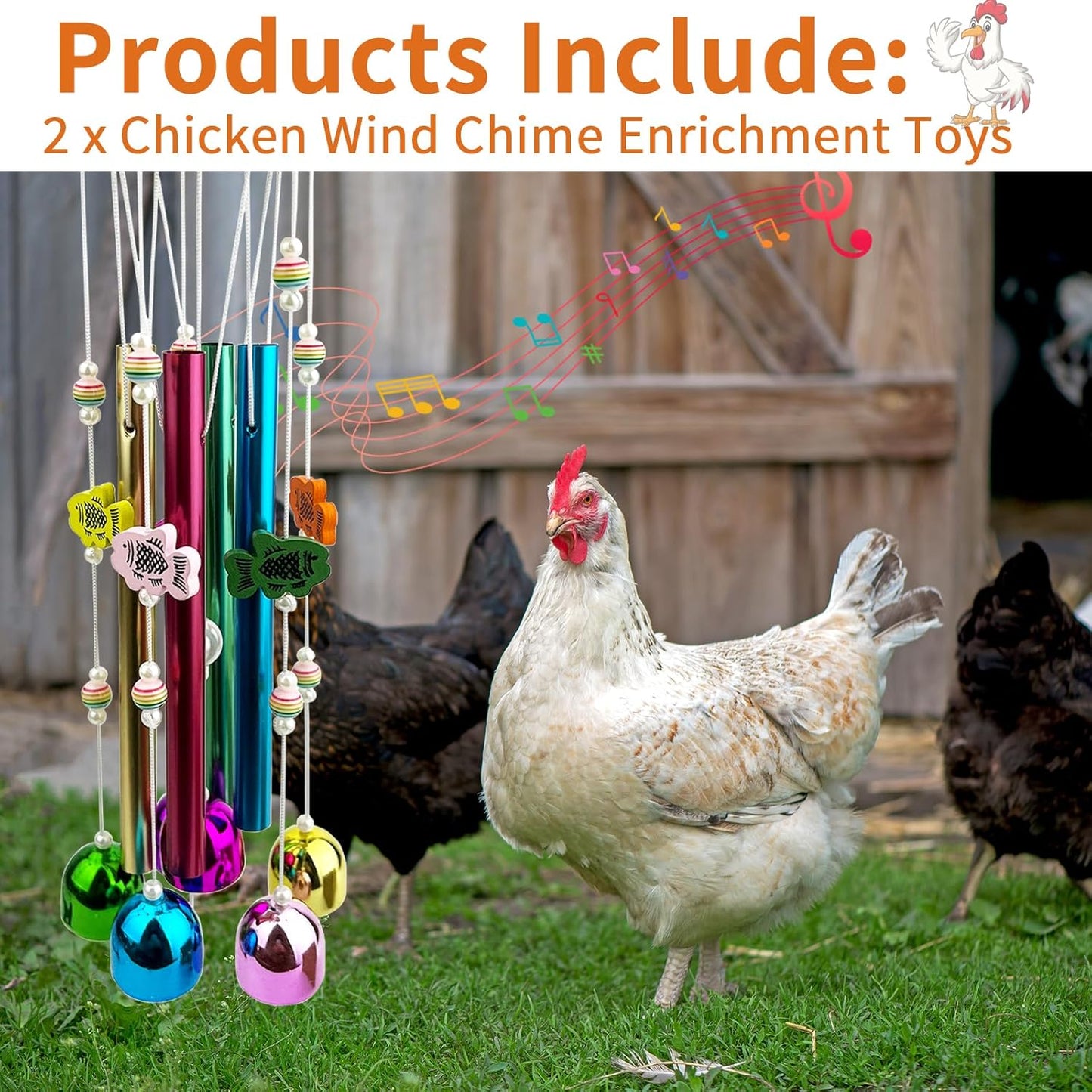 2PCS Chicken Toys for Coop, Multicolor Wind Chime Enrichment Art Hanging Chick Peck Toy with Colorful Bells, Chicken Musical Coop Accessories, Coop Toys for Hens Chicks Poultry Birds Parrots