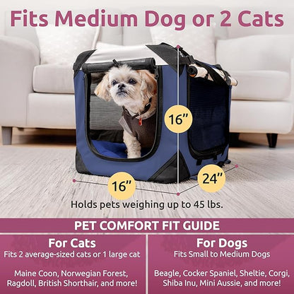 Soft-Sided Cat & Dog Pet Carrier, Large 24"x16"x16", Fits Large Cat, 2 Cats, or Medium Dog Comfortably, Great for Travel & Vet Visits, Privacy Windows, Removable Bed, Locking Zippers, Folds Flat