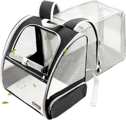 Texsens Cat Backpack - Expandable Pet Carrier for Medium Cats and Small Dogs up to 17 lbs - Breathable, Collapsible & Soft Cat Travel Bag for Outdoor Hiking (Black)