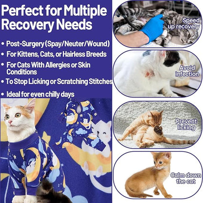 QBLEEV Cat Onesie for Cats After Surgery, Sticky Hair Cat Pajamas for Cats Only, Recovery Suit Shirt for Male Female, Full Body Long Sleeve Surgical Bodysuit, Stop Licking & Shedding