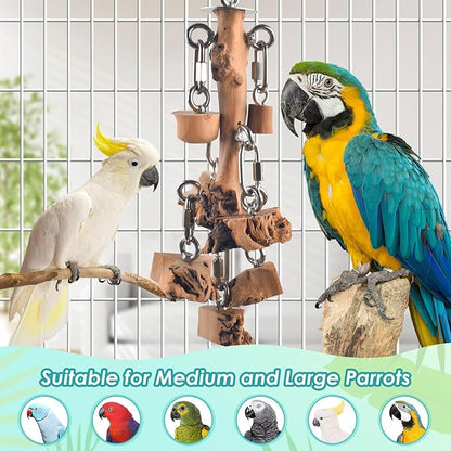Bird Toys for Parrots, Durable Wooden Large Birds Toy with Stainless Steel, Hanging Natural Chew Hardwood Blocks for Macaws, African Greys, Amazon Parrot, Cockatoos and Small Medium Parakeets