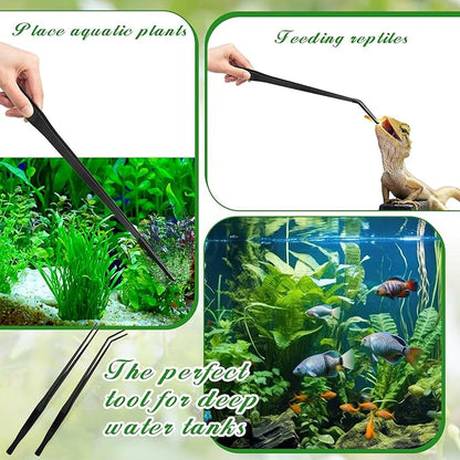Lasnten 2 Pcs Extra Long Stainless Steel Reptile Feeding Tongs with Rubber Tip Bearded Dragon Aquarium Straight and Curved Long Tweezer Terrarium Feeder Tool for Tank (18.5 Inch, 18.9 Inch,Black)