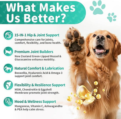 Dog Hip and Joint Supplement, 15-in-1 Advanced Glucosamine for Dogs with Chondroitin, MSM, New Zealand GLM, Pea, Omega 3 - Beef Flavor - 90 Soft Chews, Fits All Breeds and Sizes