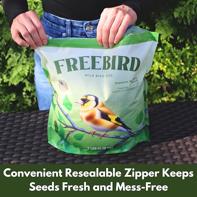 Premium No Mess Bird Seed by Freebird - Peanut Pieces, Sunflower Hearts, Sunflower Chips - 100% Waste Free Bird Food for Finches and Small Songbirds - 7lb Bag