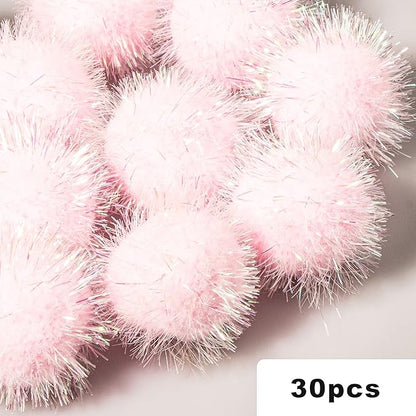 VAPKER 30 Pcs Cat Ball Toys Sparkle Balls Extra Large 2 Inch Cat's Favorite Chase Glitter Ball Glitter Tinsel Pom Poms Balls Light Pink Color