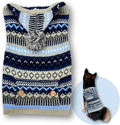 Cute Sweater for Dogs and Cats Soft Flannel Pet Outfit Warm and Cozy Animal Hoodie Small to Large Pet Clothes for Halloween Parties and Everyday Wear (Small, Blue Patten with Hat)