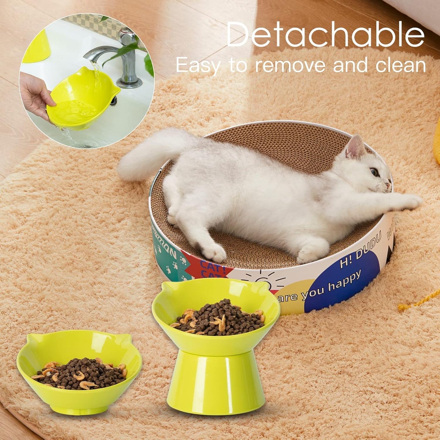 Detachable Elevated Cat Bowls, 15° Tilted Raised Cat Food Bowl Anti-Vomiting,Whisker Friendly, Adjustable Pet Dishes for Protecting Spine, cat Bowls for Indoor Cats Adult Kitten