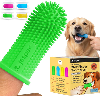 Jasper Dog Toothbrush, 360 Degree Pet Tooth Brushing Kit, Cat Toothbrush, Canine Dental Care & Teeth Cleaning Kit, Pet Finger Tooth Brush, Use with Dog Toothpaste, 4-Pack Neon
