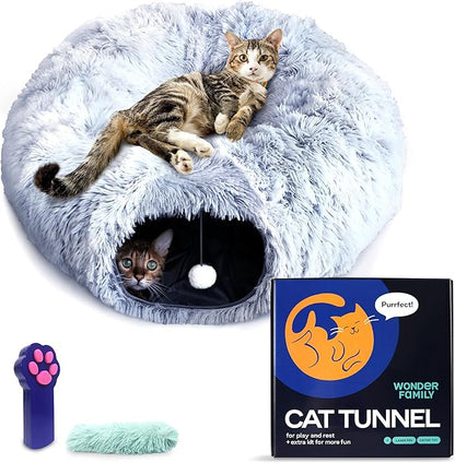 Cat Tunnel Bed with Cat Toys - Bed Donut Cave – XL Plush Circle Hideaway for Indoor Cats, 3-in-1 Foldable Play Tunnel & Cozy Bed, Gift-Ready House Under Christmas Tree