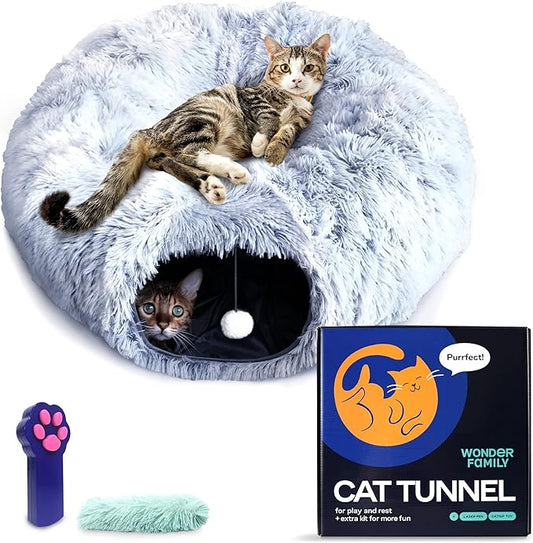 Cat Tunnel Bed with Cat Toys - Bed Donut Cave – XL Plush Circle Hideaway for Indoor Cats, 3-in-1 Foldable Play Tunnel & Cozy Bed, Gift-Ready House Under Christmas Tree
