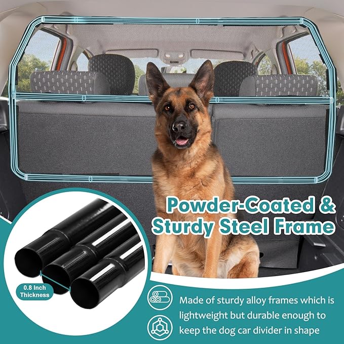 Dog Car Barrier Escape-Proof, 46" Wide Car Divider for 3rd Row Seats & Cargo Area, Durable Cargo Area Dog Car Gate Trunk Barrier with See Through Net Mesh for Small Sized SUV & Vehicles Or Hatchback