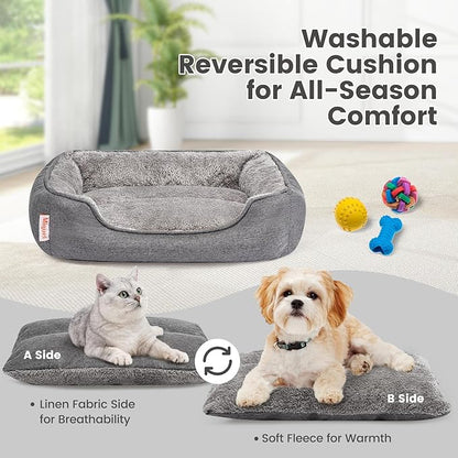 Miguel Faux Linen Dog Bed with Removable Cushion Pillow for Medium Small Dogs, Washable Pet Bed with Side Easy to Wash Puppy Bed, Rectangle Cat Bed for Indoor Cat with Anti-Slip Bottom, Gray 35 Inch