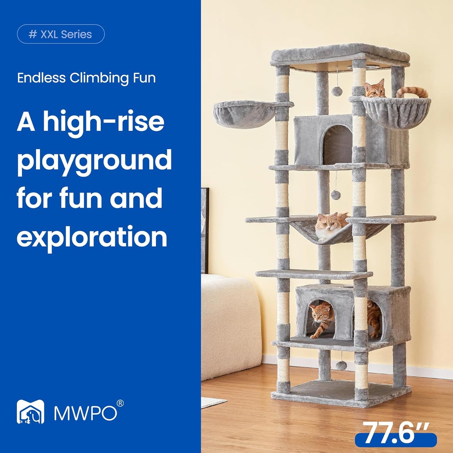 MWPO Extra Large Cat Tree, 77.6-Inch Tall Cat Tower for Indoor Cats with 2 Condos, Multi-Level Cat Stand for Large Cats, 3 Hammocks, Wide Perch, Scratching Posts, Dangling Toys, Light Grey