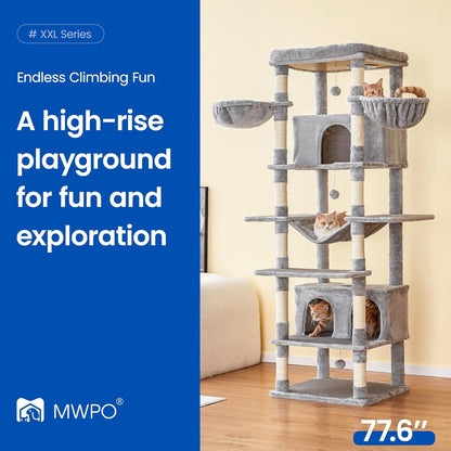 MWPO Extra Large Cat Tree, 77.6-Inch Tall Cat Tower for Indoor Cats with 2 Condos, Multi-Level Cat Stand for Large Cats, 3 Hammocks, Wide Perch, Scratching Posts, Dangling Toys, Light Grey