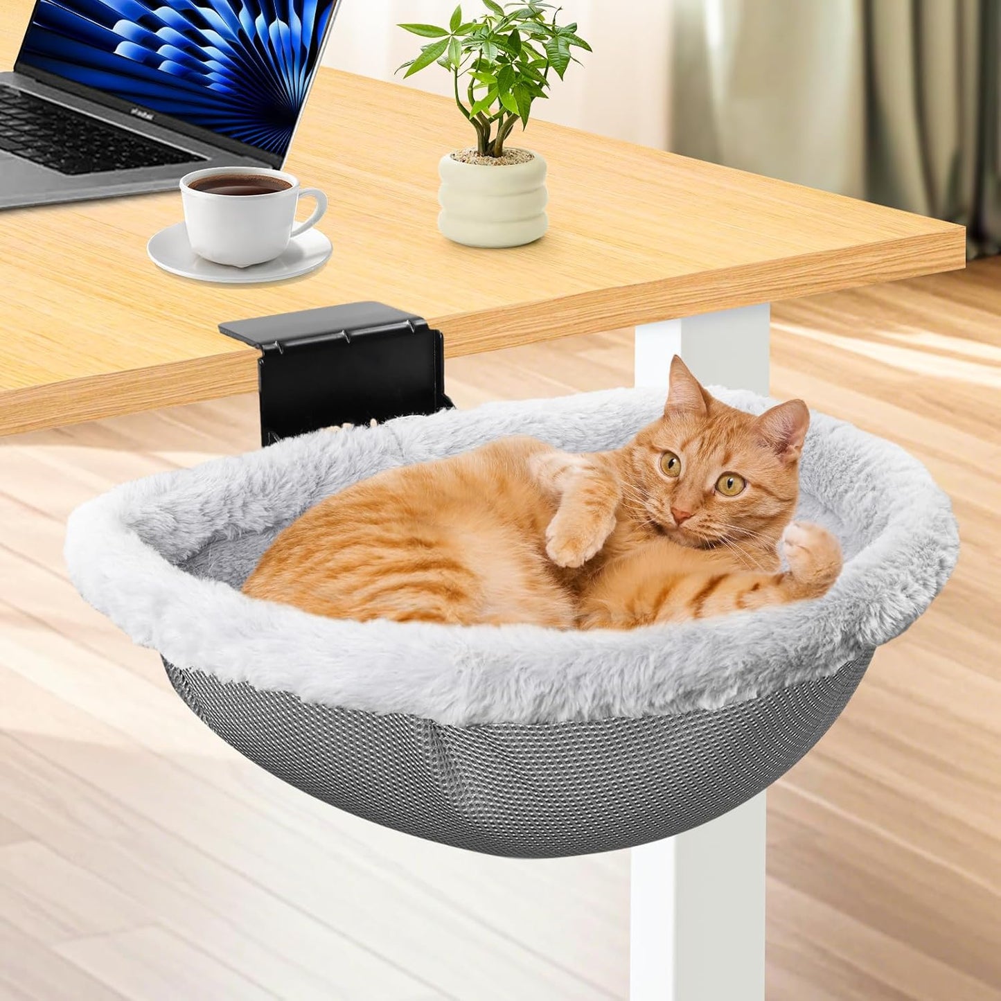 Secure Cat Desk Bed - Extra-Large Clamp & Sunken Hammock Design, Comfy Cat Desk Hammock with Faux Rabbit Fur Cover, Removable & Washable, Holds Up to 40lbs