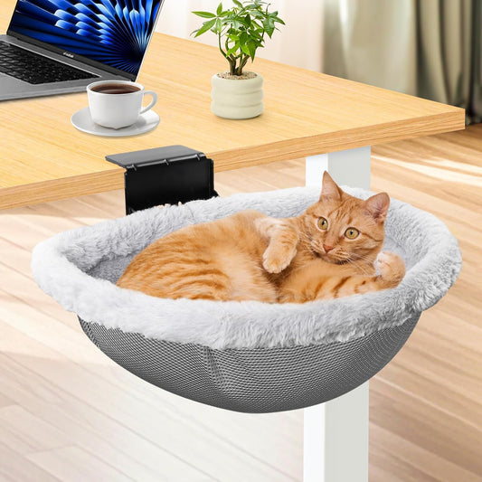 Secure Cat Desk Bed - Extra-Large Clamp & Sunken Hammock Design, Comfy Cat Desk Hammock with Faux Rabbit Fur Cover, Removable & Washable, Holds Up to 40lbs