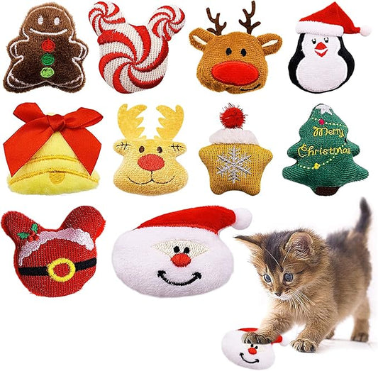 10 Pcs Christmas Cat Catnip Toys for Indoor Cats Interactive Xmas Plush Stuffed Kitten Chew Bite Kick Toys Kitty Playing Relieve Stress Cat Lovers